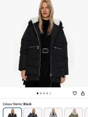 Black Puffer Coat with White Faux-Shearling Hood